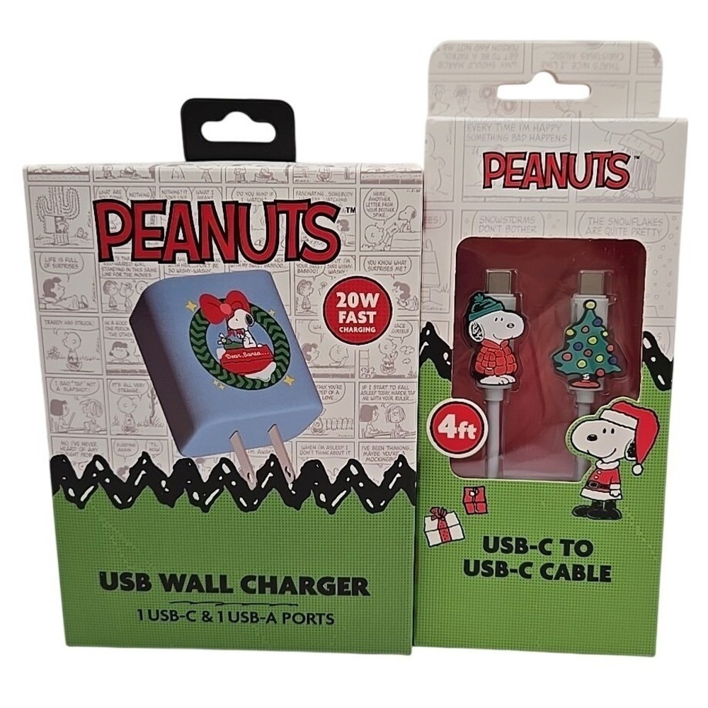 Peanuts Snoopy USB‎ Wall Charger + USB-C Cable Holiday Bundle New